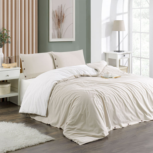 Twin Soft Çift Kişilik Double Face Nevresim Takımı Bej- Beyaz