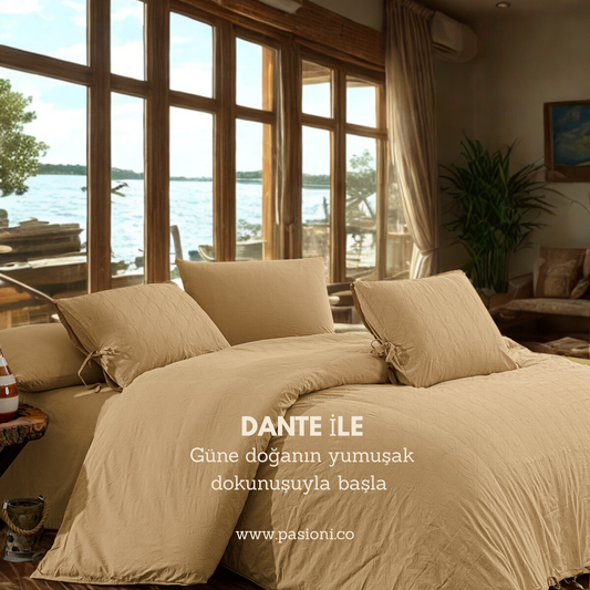 Dante Nakışlı %100 Pamuk Natürel Çift Kişilik Nevresim Takımı Almond