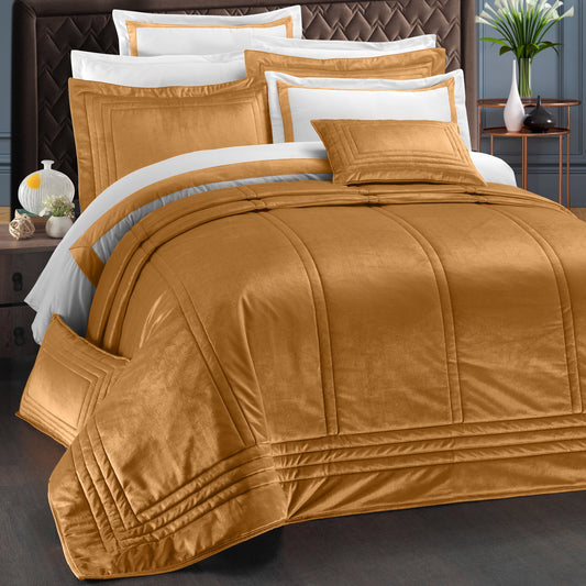 Esta - Kadife Hardal Çift Kişilik Yatak Örtüsü Takımı - Pasioni