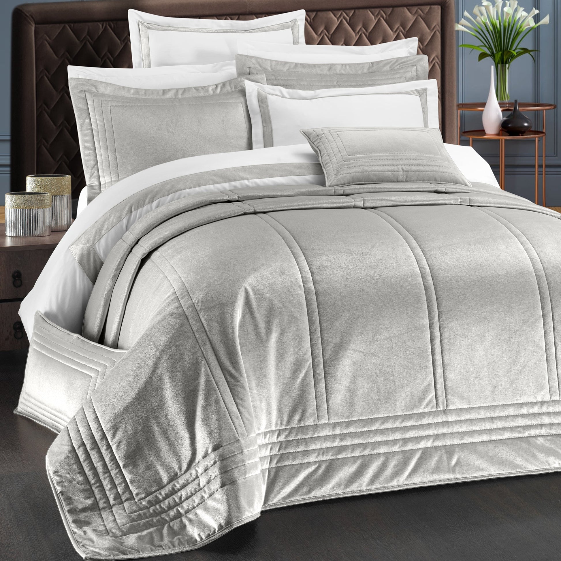 İlya - Kadife Gri Çift Kişilik Yatak Örtüsü Takımı - Pasioni