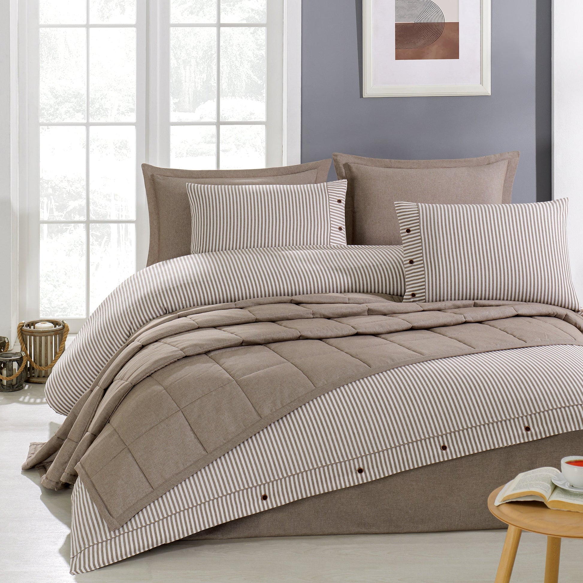 Life %100 Pamuk Nevresim Takımı ve Yatak Örtüsü (7 Parça) Bej - Pasioni