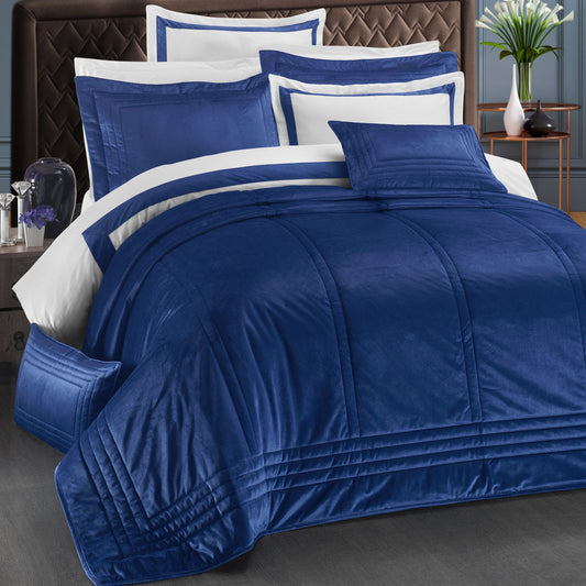 Notte - Kadife Lacivert Çift Kişilik Yatak Örtüsü Takımı - Pasioni