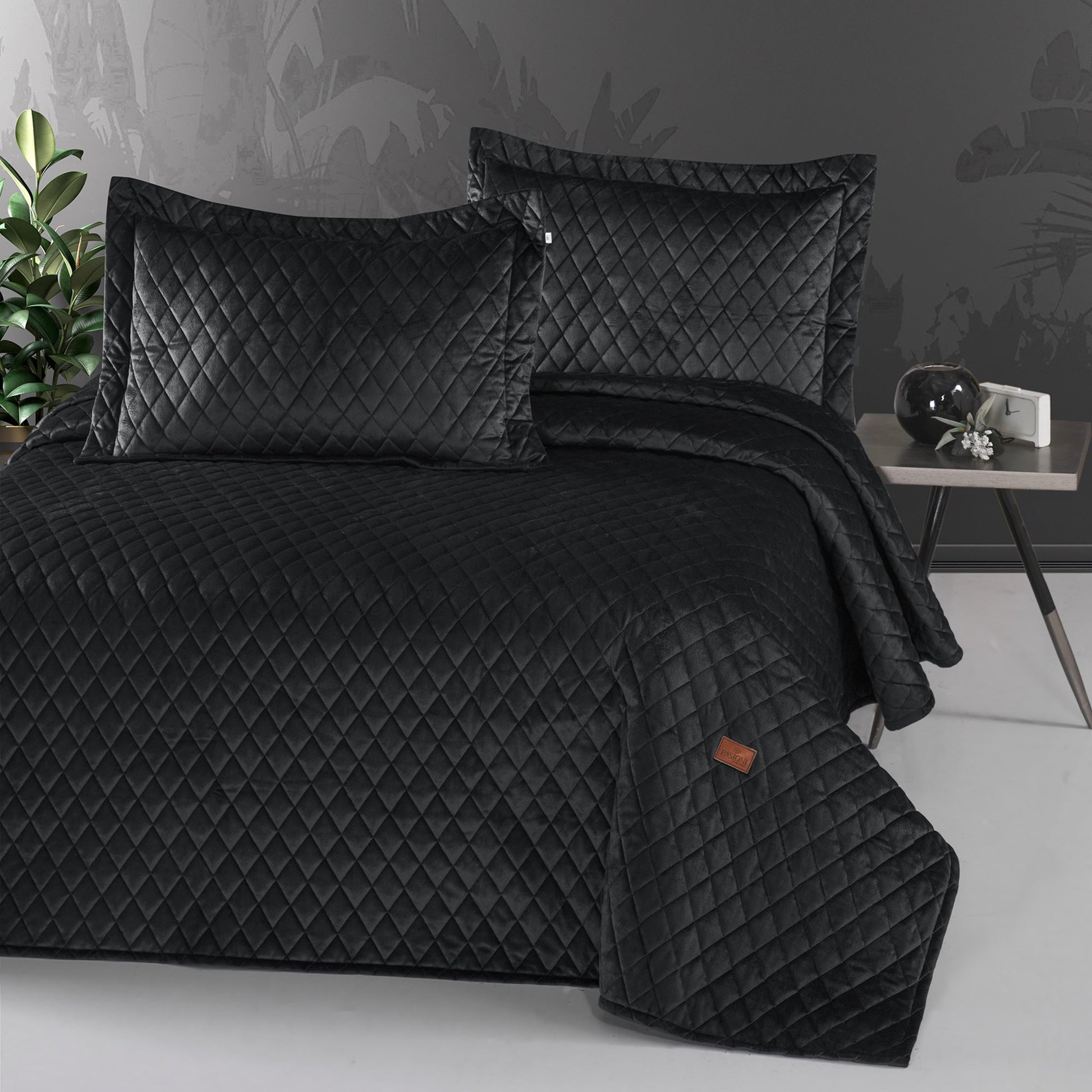 PASIONI - ARNALDO - VELVET ANTRASİT ÇİFT KİŞİLİK YATAK ÖRTÜSÜ TAKIMI - Pasioni