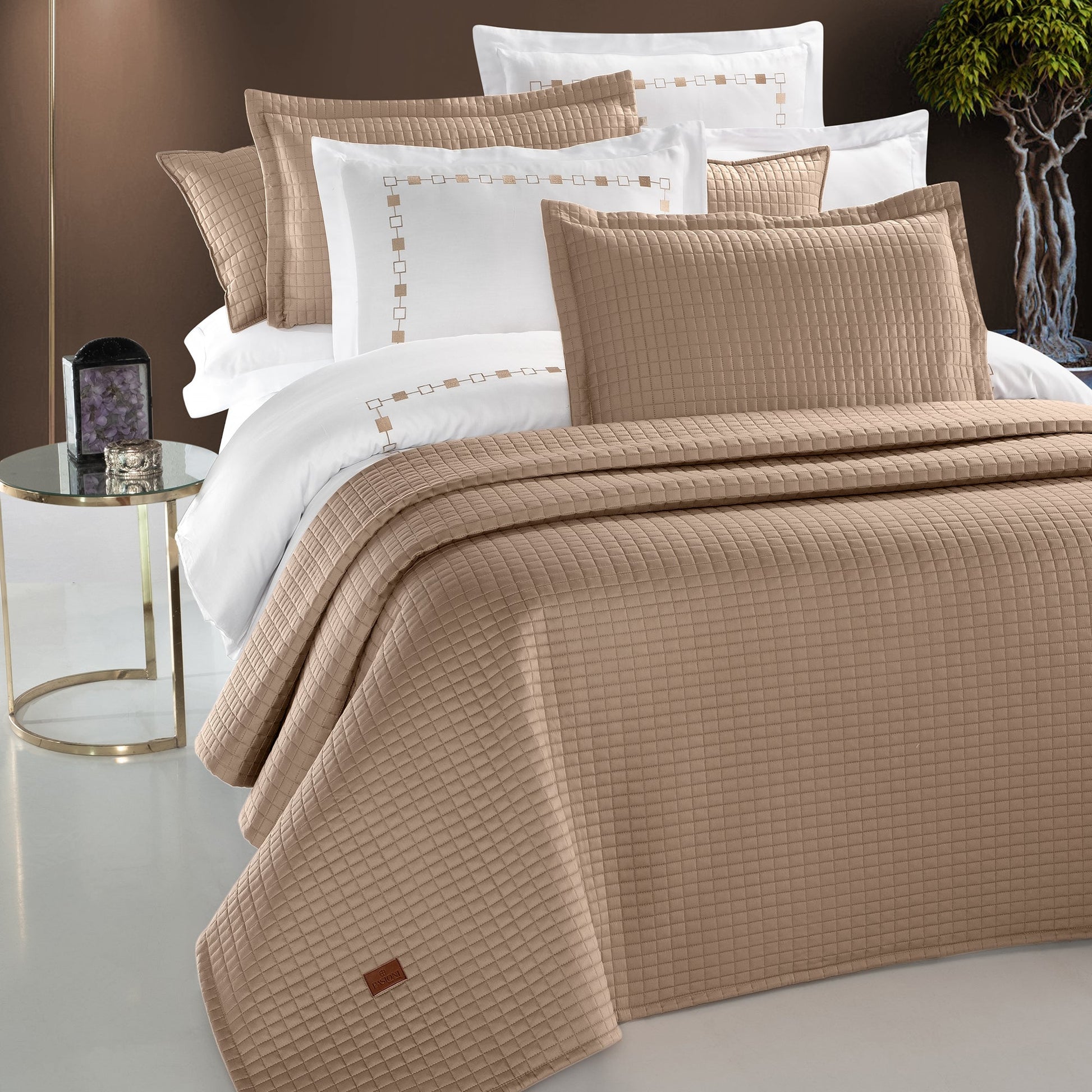 PASIONI - Saten - Elegante - Çift Kişilik Yatak Örtüsü Takımı Camel - Pasioni