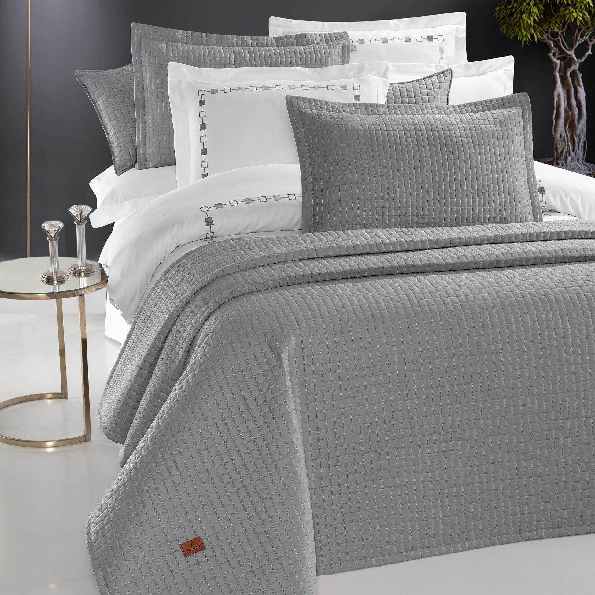 PASIONI - Saten - Elegante - Çift Kişilik Yatak Örtüsü Takımı Gri - Pasioni