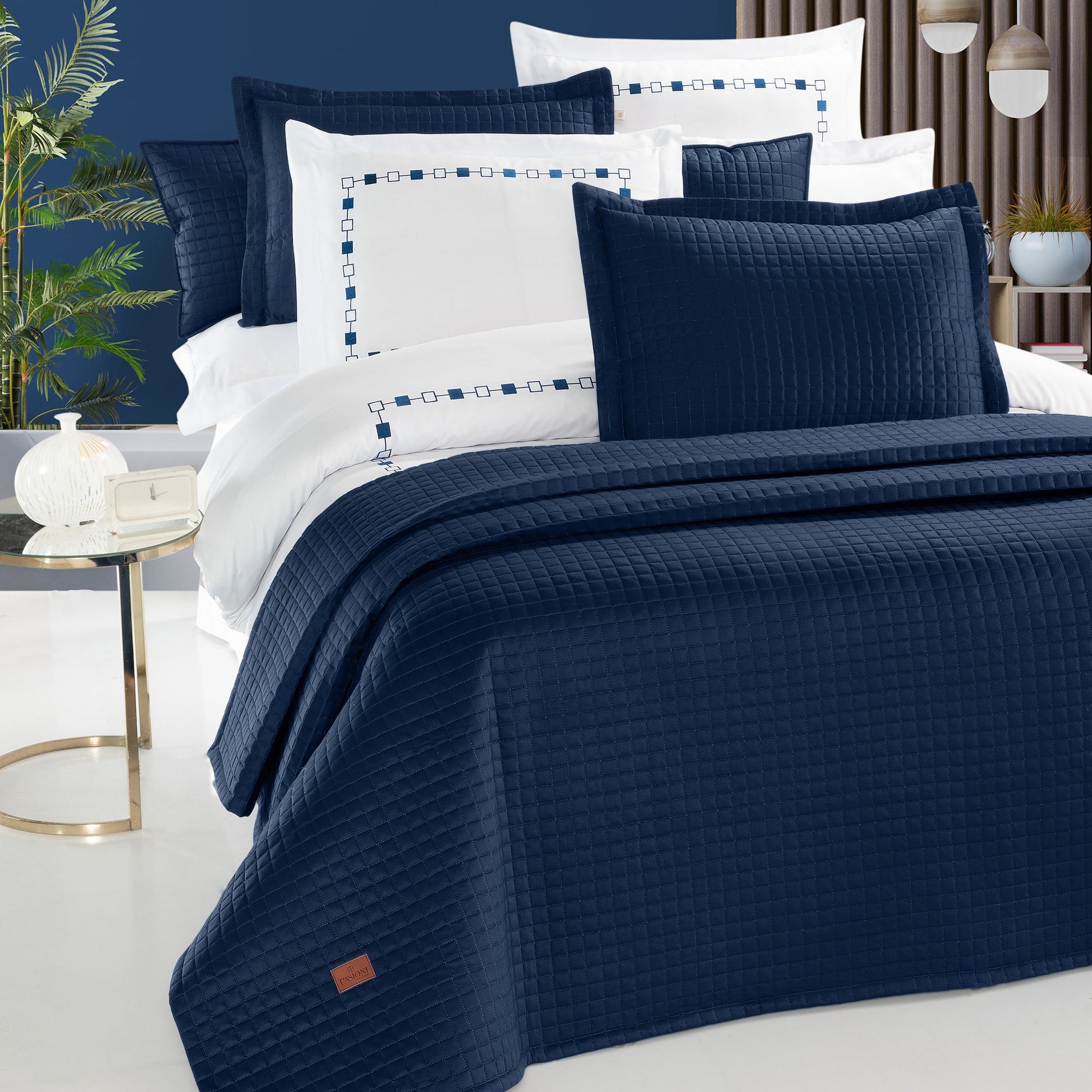PASIONI - Saten - Elegante - Çift Kişilik Yatak Örtüsü Takımı Lacivert - Pasioni