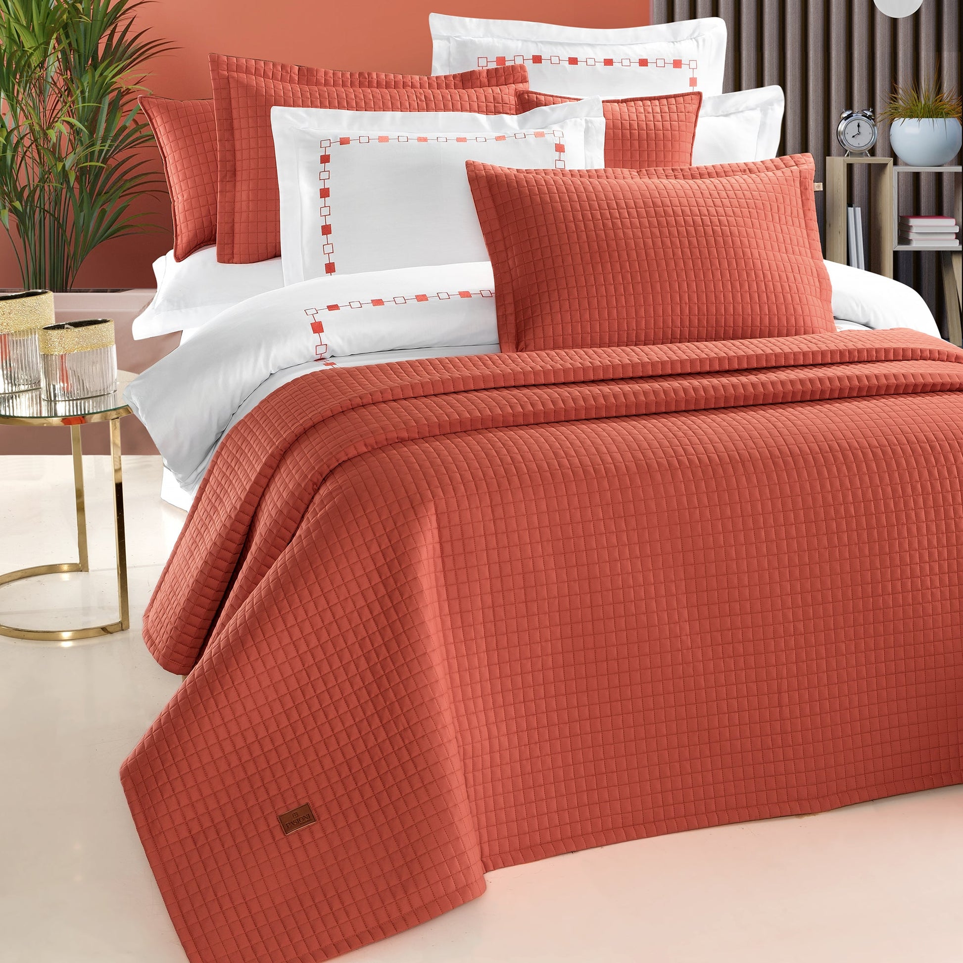 PASIONI - Saten - Elegante -   Çift Kişilik Yatak Örtüsü Takımı Mercan - Pasioni