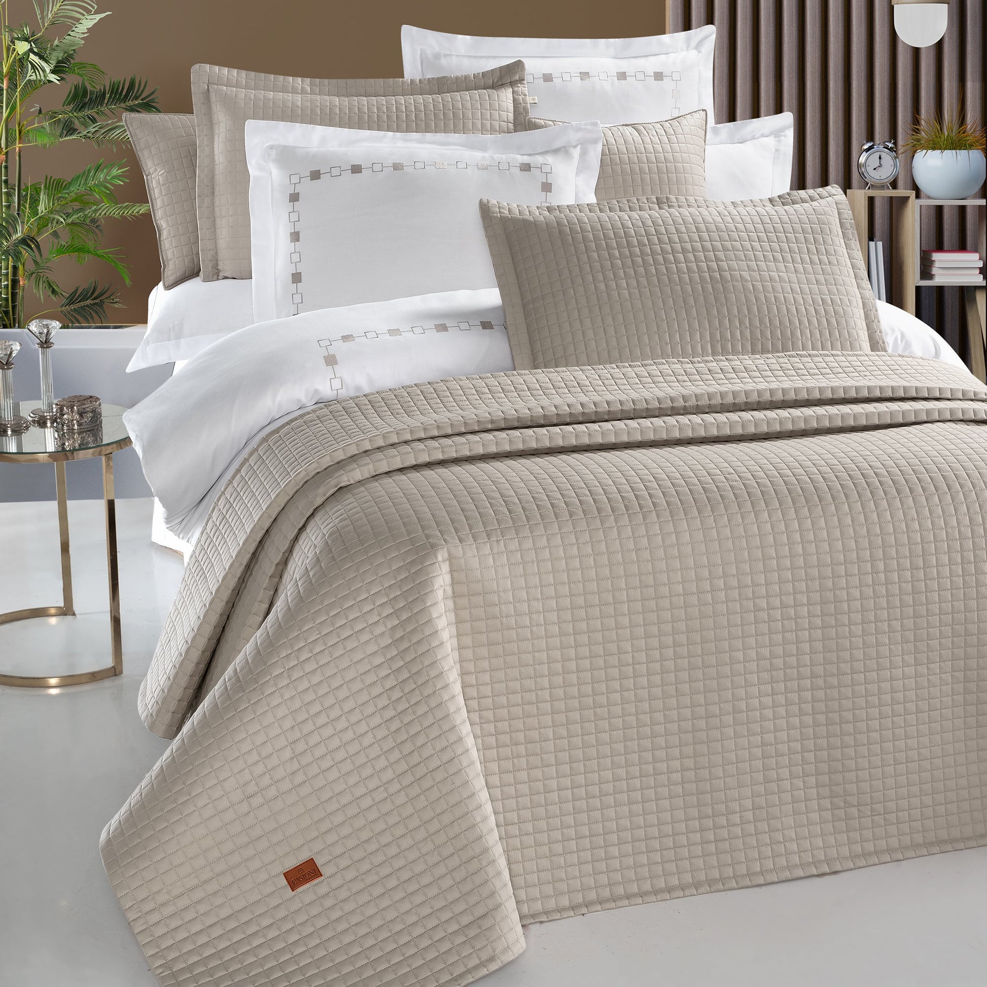 PASIONI - Saten - Elegante - Çift Kişilik Yatak Örtüsü Takımı Taş - Pasioni