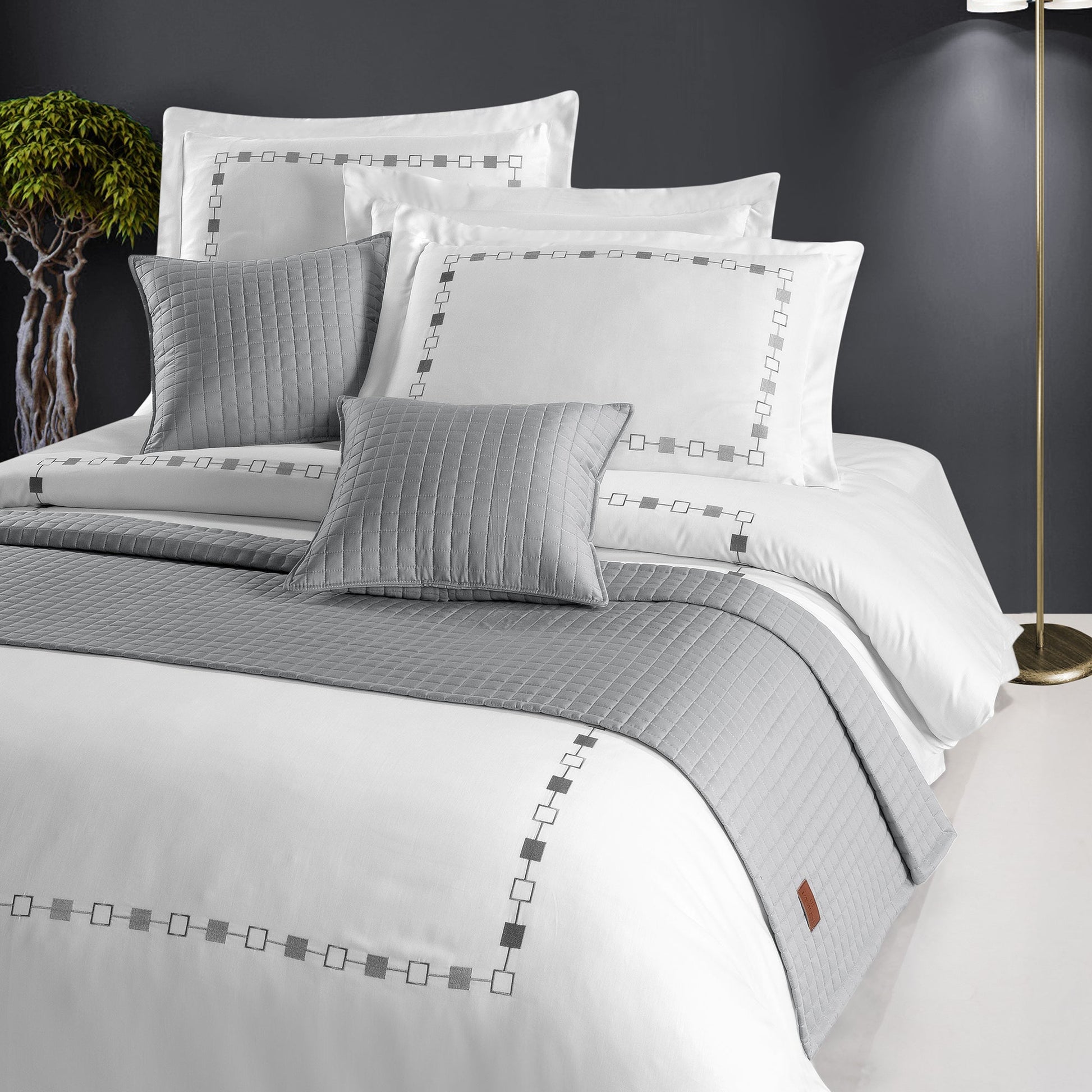 PASIONI - Saten - Elegante - Gri Çift Kişilik Yatak Runner Seti - Pasioni