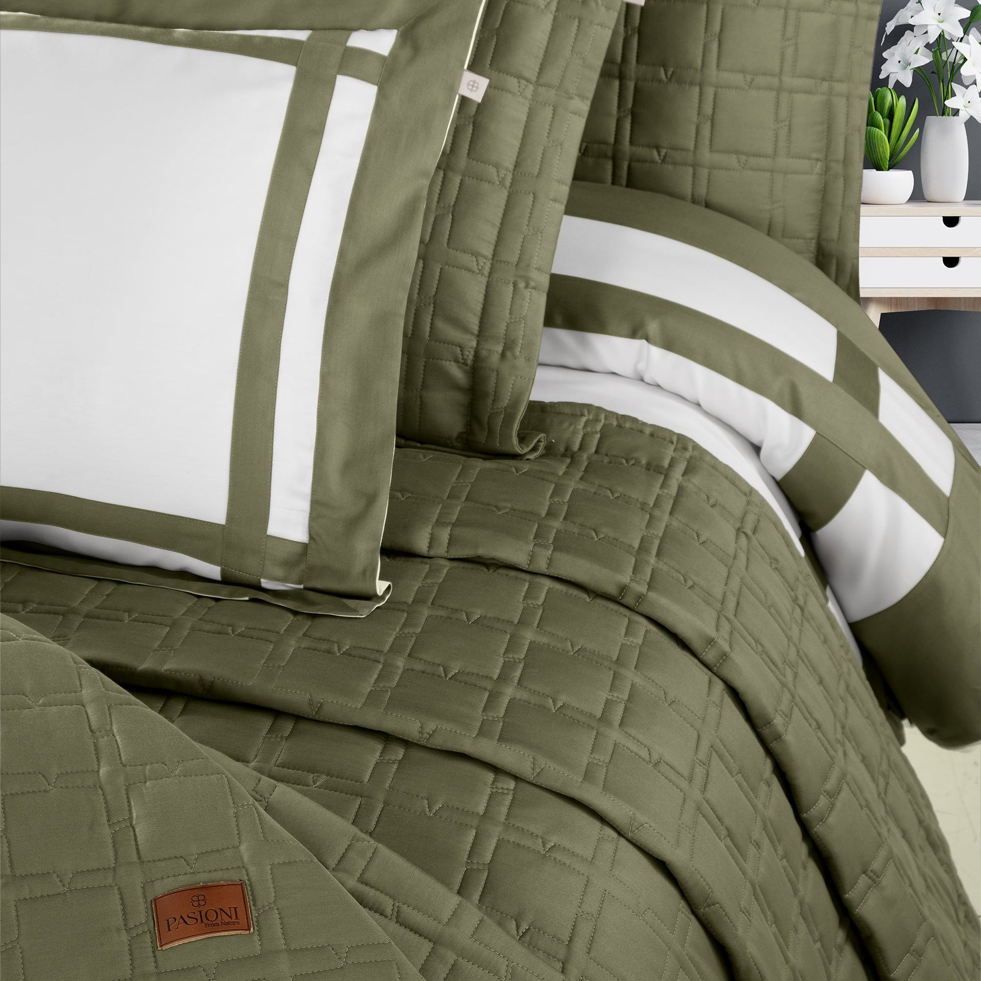 PASIONI - Saten - Elpidio - Haki Çift Kişilik Yatak Örtüsü Takımı - Pasioni