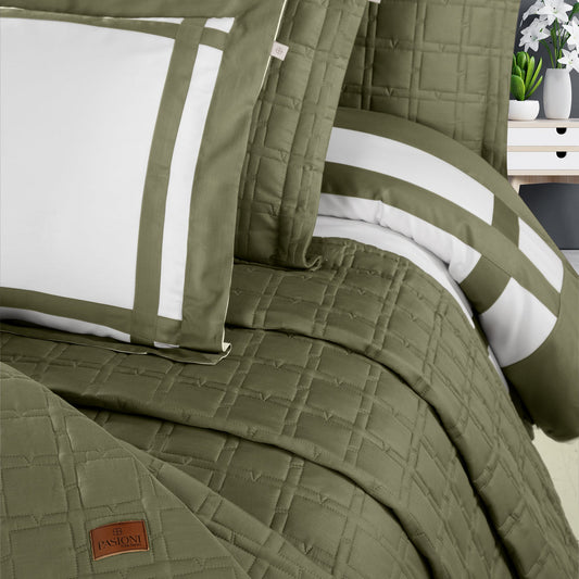 PASIONI - Saten - Elpidio - Haki Çift Kişilik Yatak Örtüsü Takımı - Pasioni