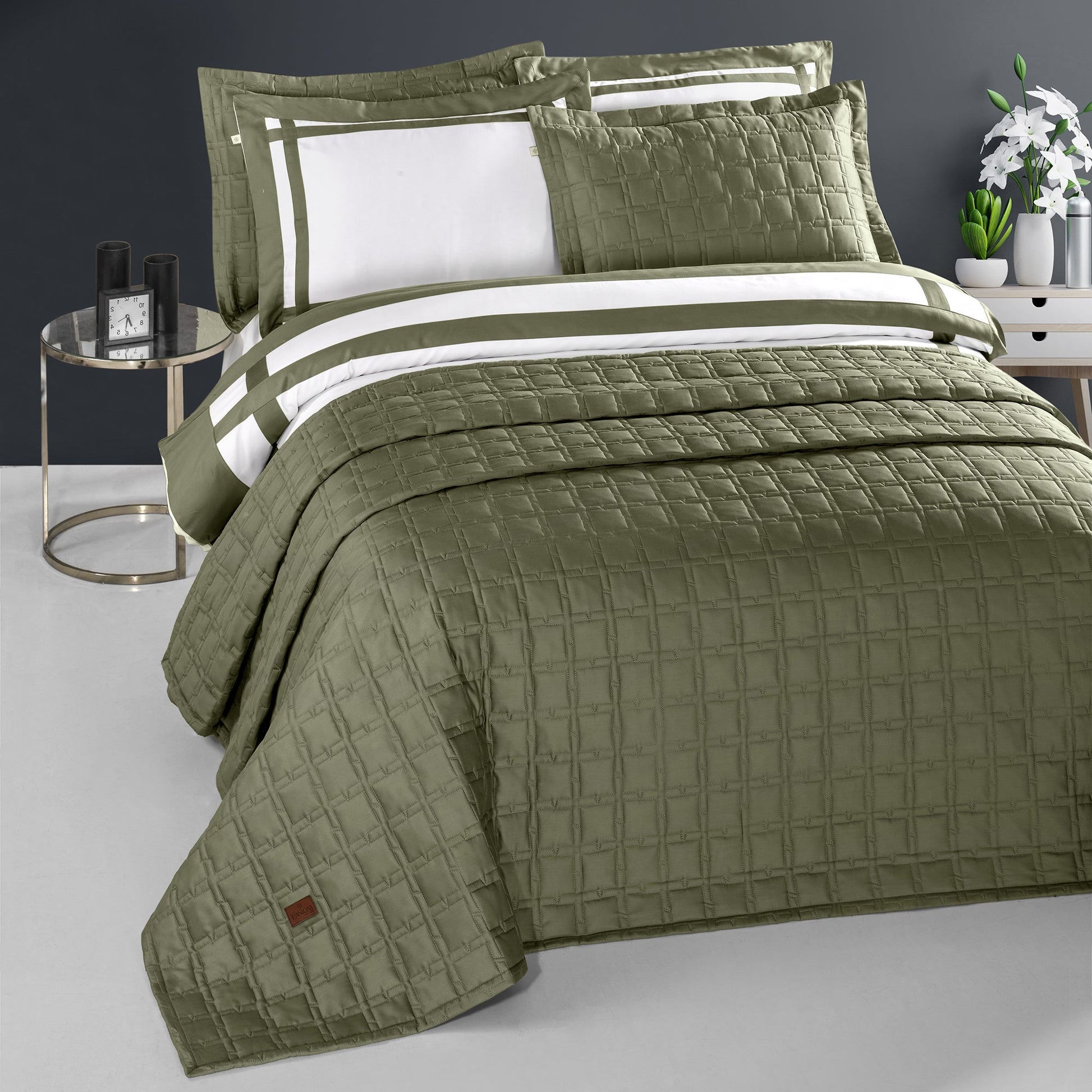 PASIONI - Saten - Elpidio - Haki Çift Kişilik Yatak Örtüsü Takımı - Pasioni