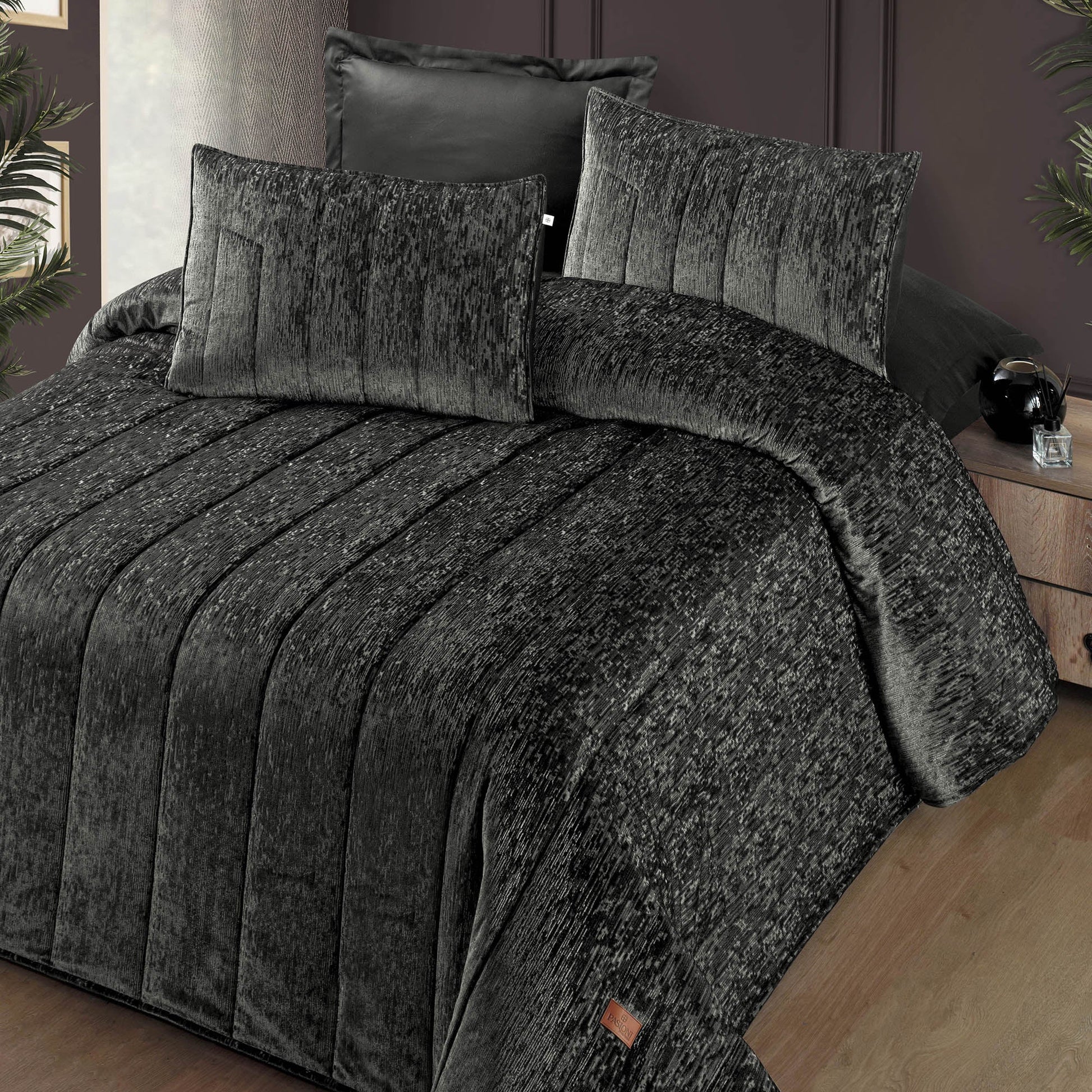 PASIONI - Velvet - Gerardo - Jakar Kadife Antrasit Çift Kişilik Yatak Örtüsü Takımı - Pasioni