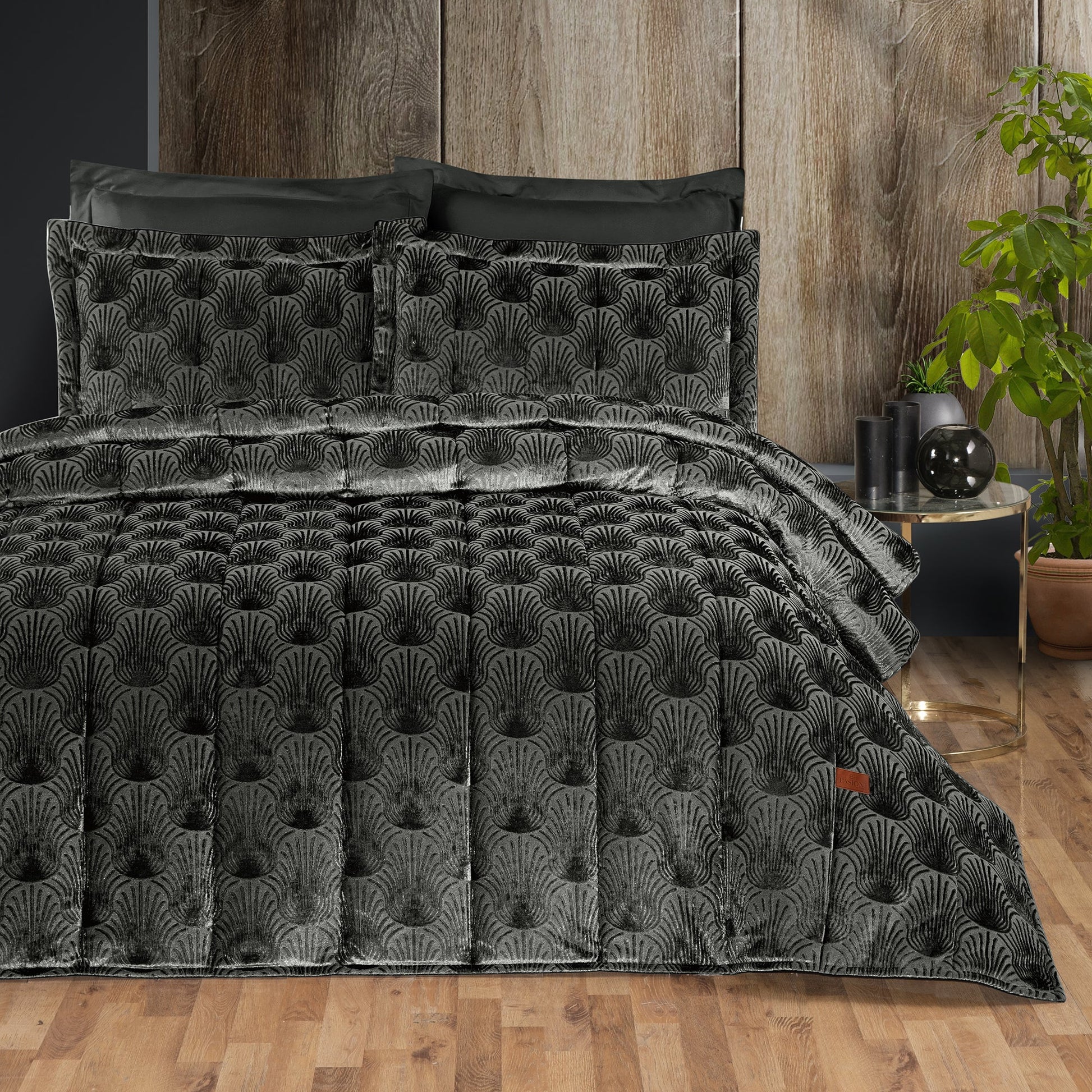 PASIONI - Velvet - Lucianna - Jakar Kadife Antrasit Çift Kişilik Yatak Örtüsü Takımı - Pasioni