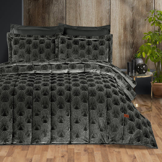 PASIONI - Velvet - Lucianna - Jakar Kadife Antrasit Çift Kişilik Yatak Örtüsü Takımı - Pasioni