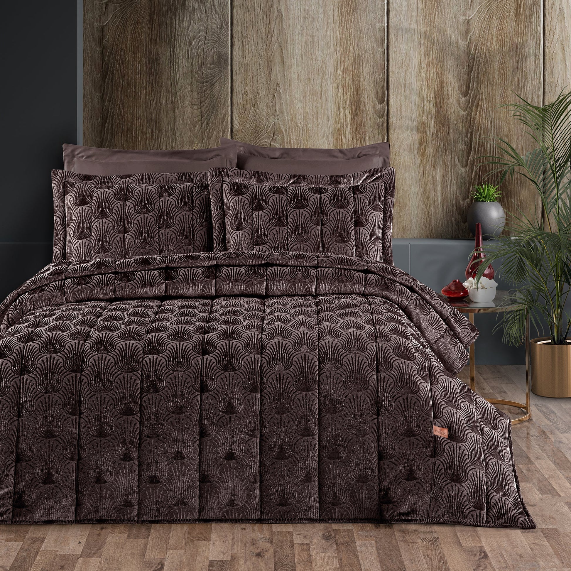 PASIONI - Velvet - Lucianna - Jakar Kadife Mürdüm Çift Kişilik Yatak Örtüsü Takımı - Pasioni