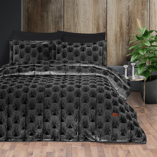 PASIONI - Velvet - Lucianna - Jakar Kadife Siyah Çift Kişilik Yatak Örtüsü Takımı - Pasioni