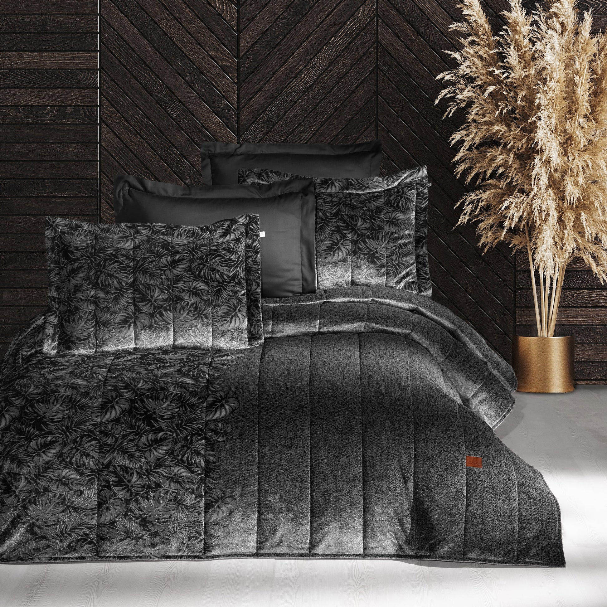 PASIONI - Velvet - Lucie - Jakar Kadife Siyah Çift Kişilik Yatak Örtüsü Takımı - Pasioni